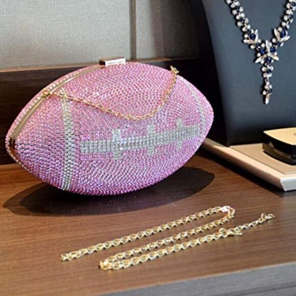 Pink Football Shaped Purse Rhinestone Crystal Evening Bag Clutch Super Bowl - Picture 4 of 6